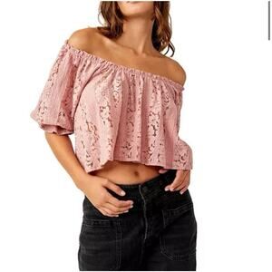 Free People Too XS Stacey Cropped Rose Pink Lace Puff Sleeve Boho Hippie $98